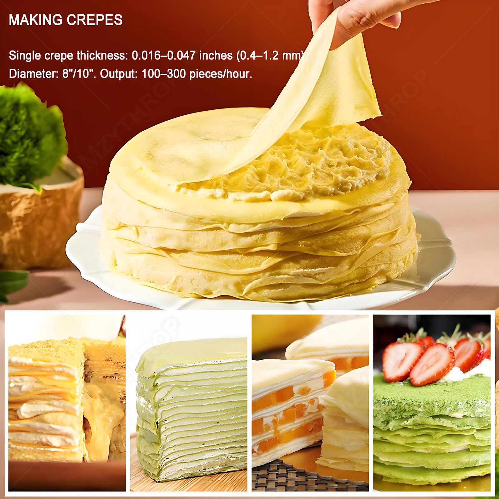 Máquina para hacer crepes con cubo de acero inoxidable, cinta transportadora, rodillo de masa y bandeja, 100 300 piezas, diámetro de panqueques de 10 pulgadas, perfecto para restaurantes y cafeterías