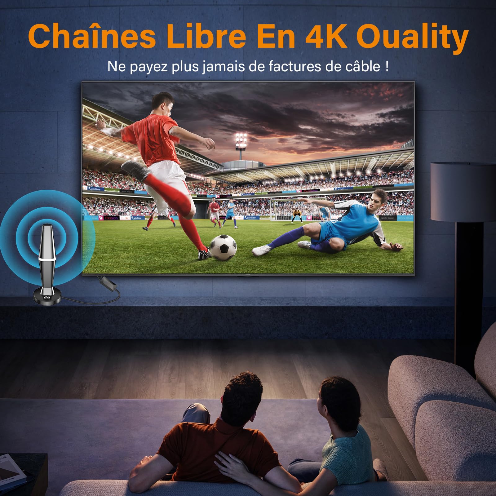 Antenne TNT intérieure équipée d'un amplificateur de Signal à Gain élevé | Réception 360°, compatible tous téléviseurs HD, capte chaînes TNT sans frais mensuels, base magnétique, câble coaxial long