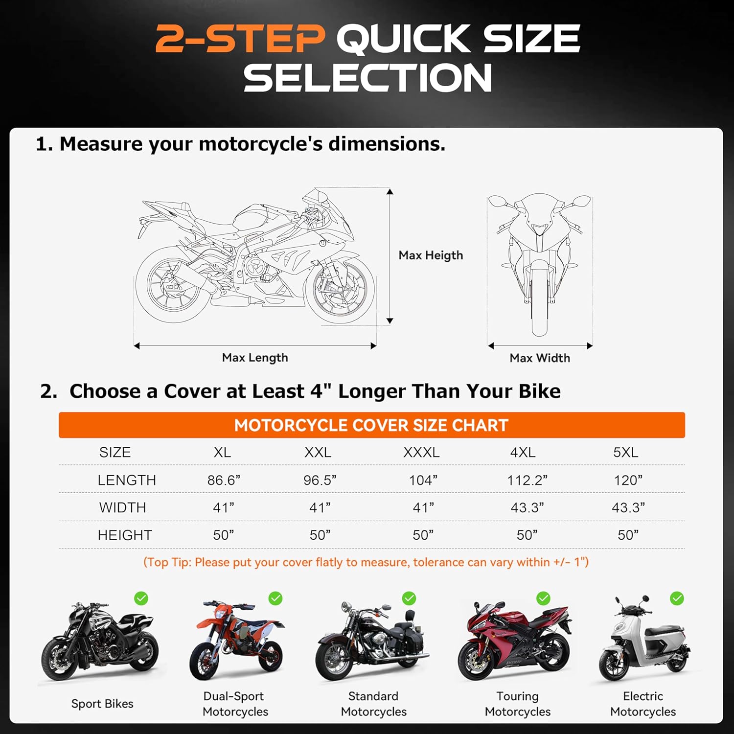 Motorcycle Cover Waterproof Outdoor, 300D Heavy Duty, UV & Rain Resistant, Windproof with 3 Buckles, Fits Most Motorcycles, Cruisers, Sportbikes, Dirt Bikes, Scooters up to 96.5" - XXL Size - Image 6