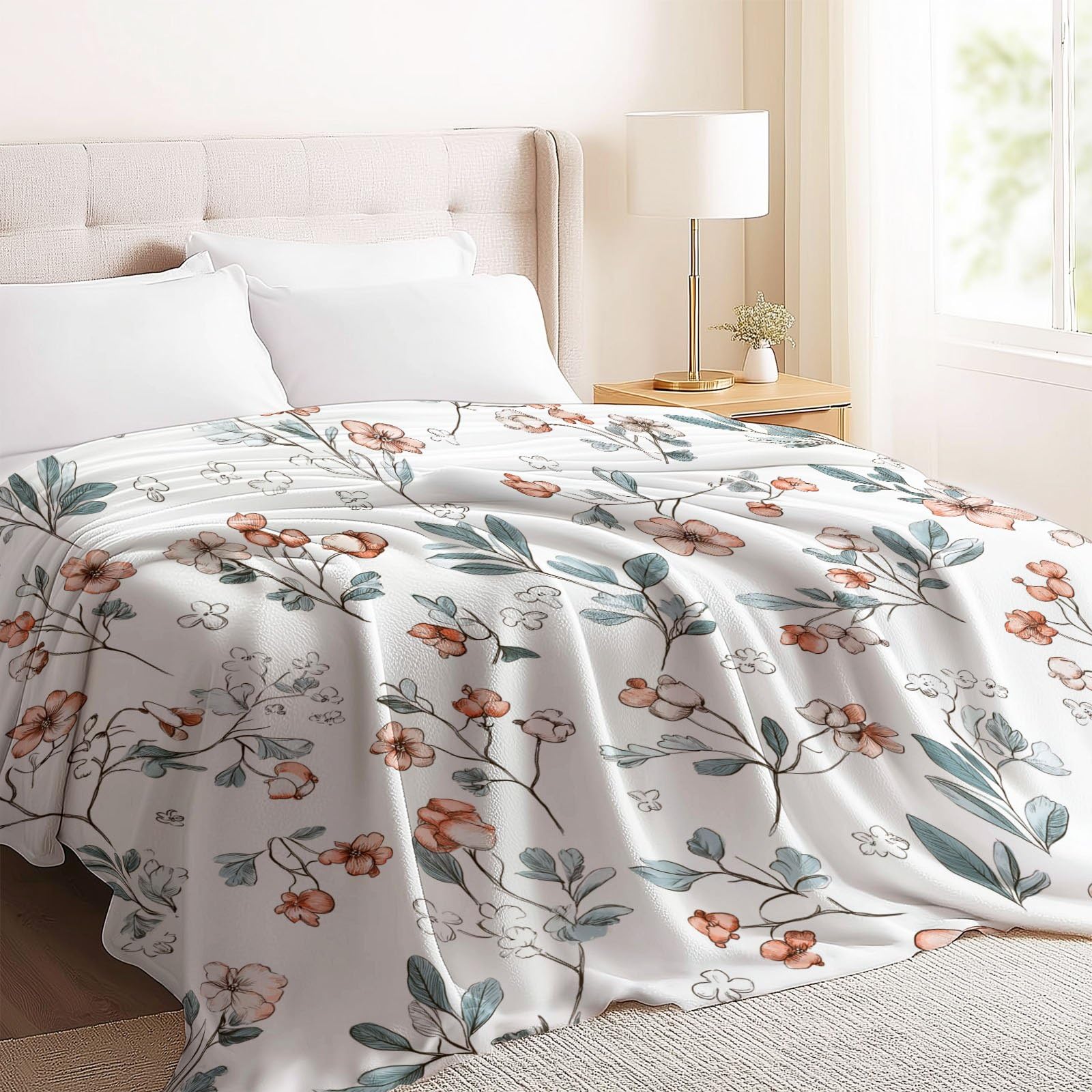 Coperta rustica in pile Sherpa con stampa floreale e piccoli fiori e piante, reversibile, 180 x 200 cm, per biancheria da letto, divano, letto, decorazione per la casa, beige e verde