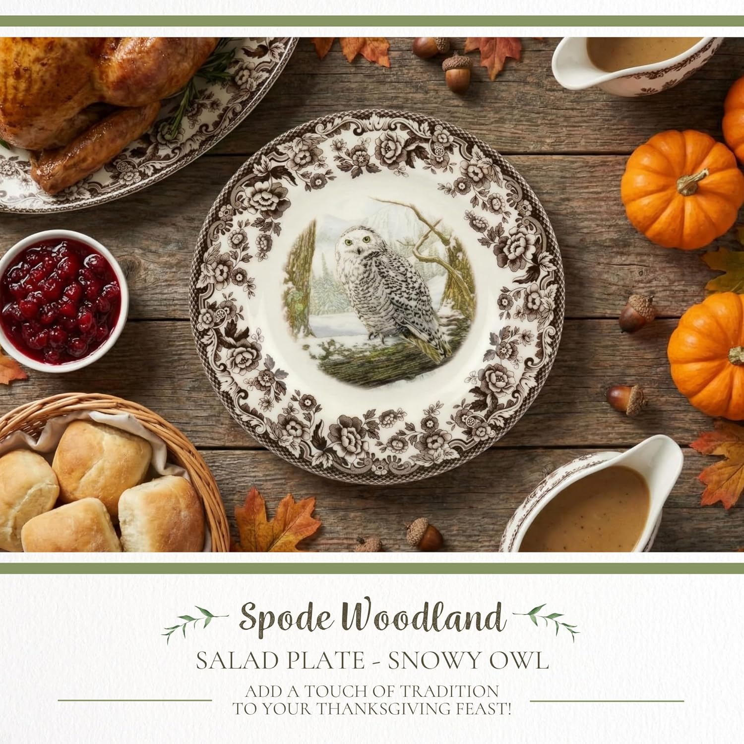 Spode Woodland Salad Plate, Snowy Owl, 8” | Made in England | Ideal Hunting Cabin Décor | Microwave and Dishwasher Safe