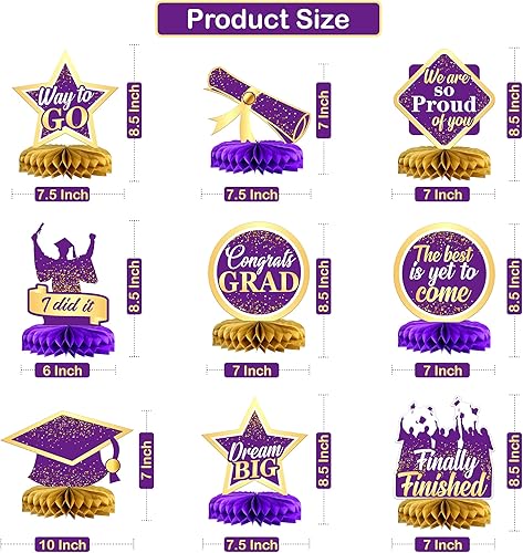 Miniatura 4 de KatchOn, Centros de mesa de graduación morados para mesas 2023  Paquete de 9  Centros de mesa de graduación de panal para decoraciones de graduación
