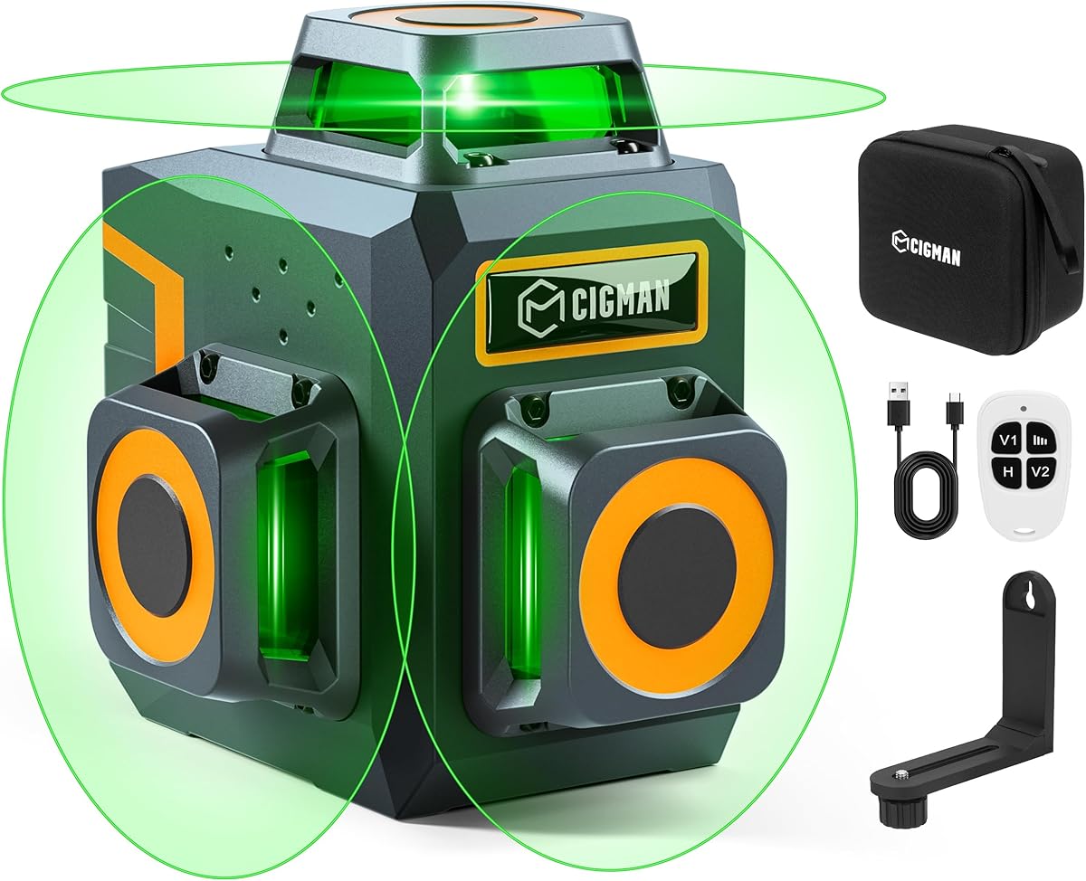 CIGMAN Kreuzlinienlaser Grün 3 x 360 Grad Laser Wasserwaage Nivellierlaser mit wiederaufladbarer Lithiumbatterie und Fernbedienung, einstellbare Helligkeit zum Energiesparen, CM701SE