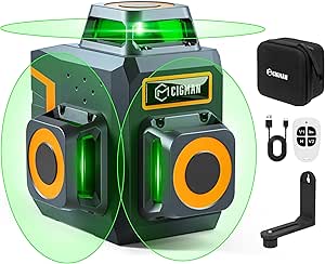 CIGMAN Kreuzlinienlaser Grün 3 x 360 Grad Laser Wasserwaage Nivellierlaser mit wiederaufladbarer Lithiumbatterie und Fernbedienung, einstellbare Helligkeit zum Energiesparen, CM701SE