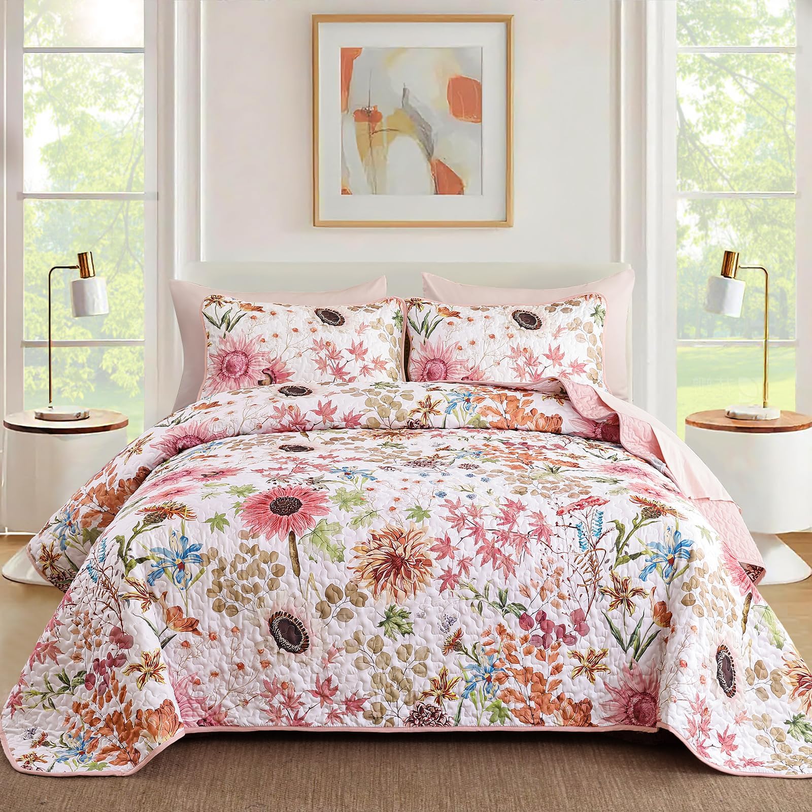Yiran Pink Floral Quilts Queen Size, Sunflower Botanical Bedspread Bedding Set, 3 Pieces Colorful Soft Lightweight Microfiber Coverlet with 2 Pillow Shams for All Season 96x90 Inch