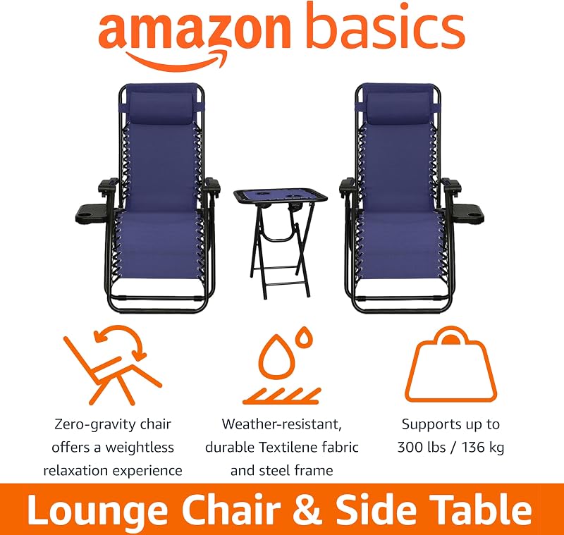 Amazon Basics Outdoor Adjustable Zero Gravity Folding Reclining Lounge Chair with Cup Holder, Headrest Pillow, Detachable Side Table, Weather Resistant, Set of 2, Blue image 4
