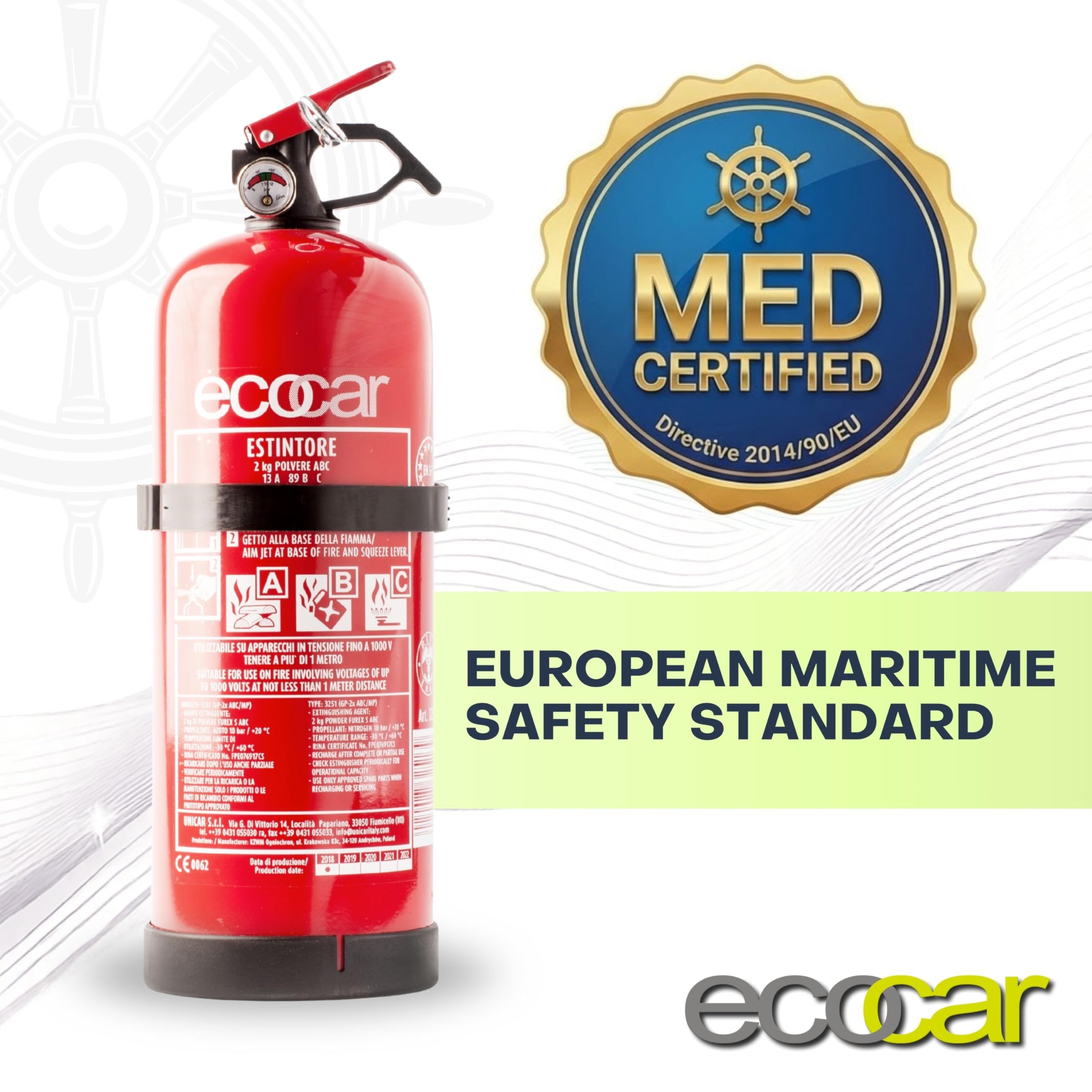 ecocar - Estintore 2kg in Polvere Omologato EN3 per Auto, Casa, B&B, Camper e Ufficio - con Manometro e Supporto Incluso