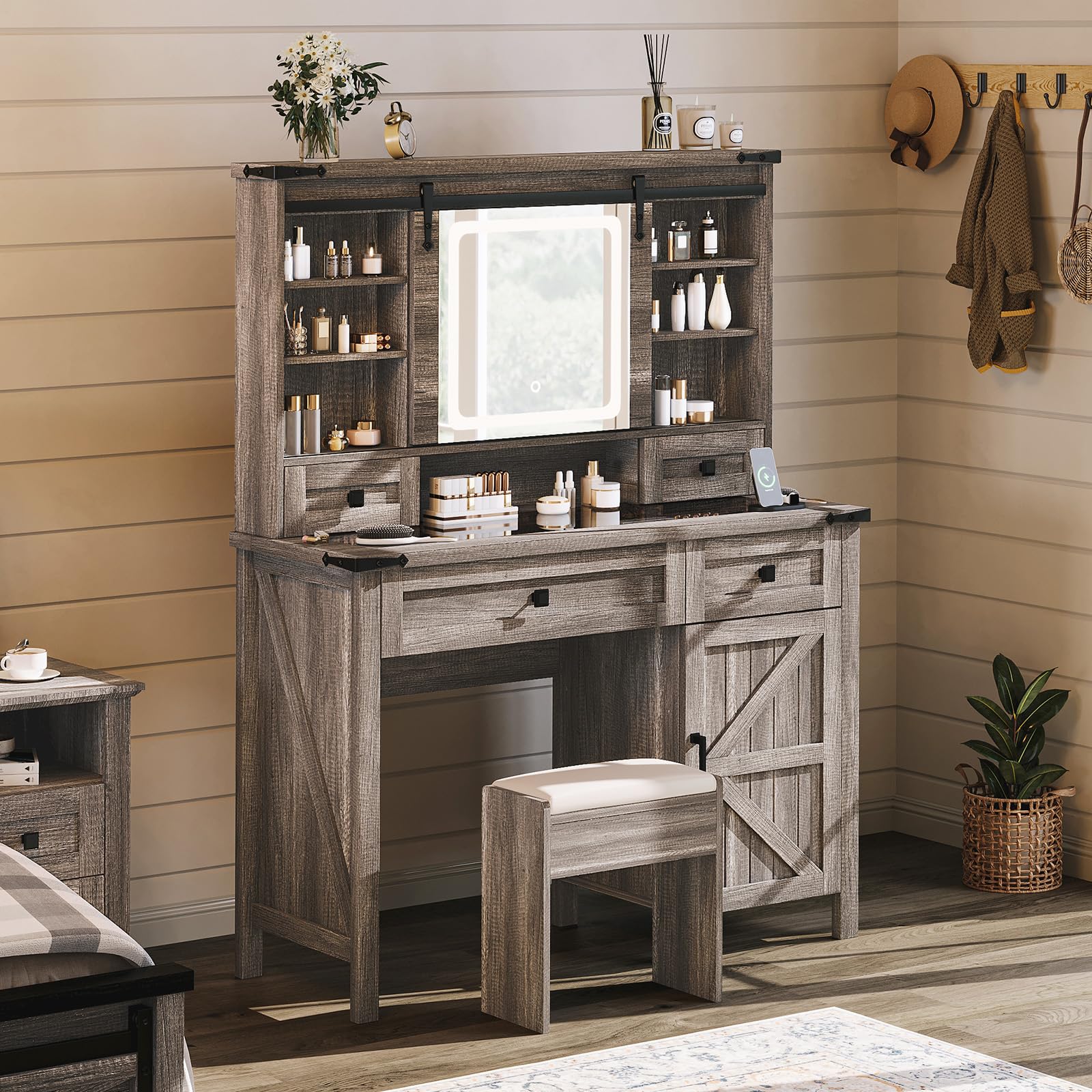 AMERLIFE 42'' Farmhouse Makeup Vanity Desk with Sliding Mirror and Lights, Glass Tabletop Vanity Table with 2 Drawers & Shelves for Bedroom?No Bench?, Light Rustic Oak