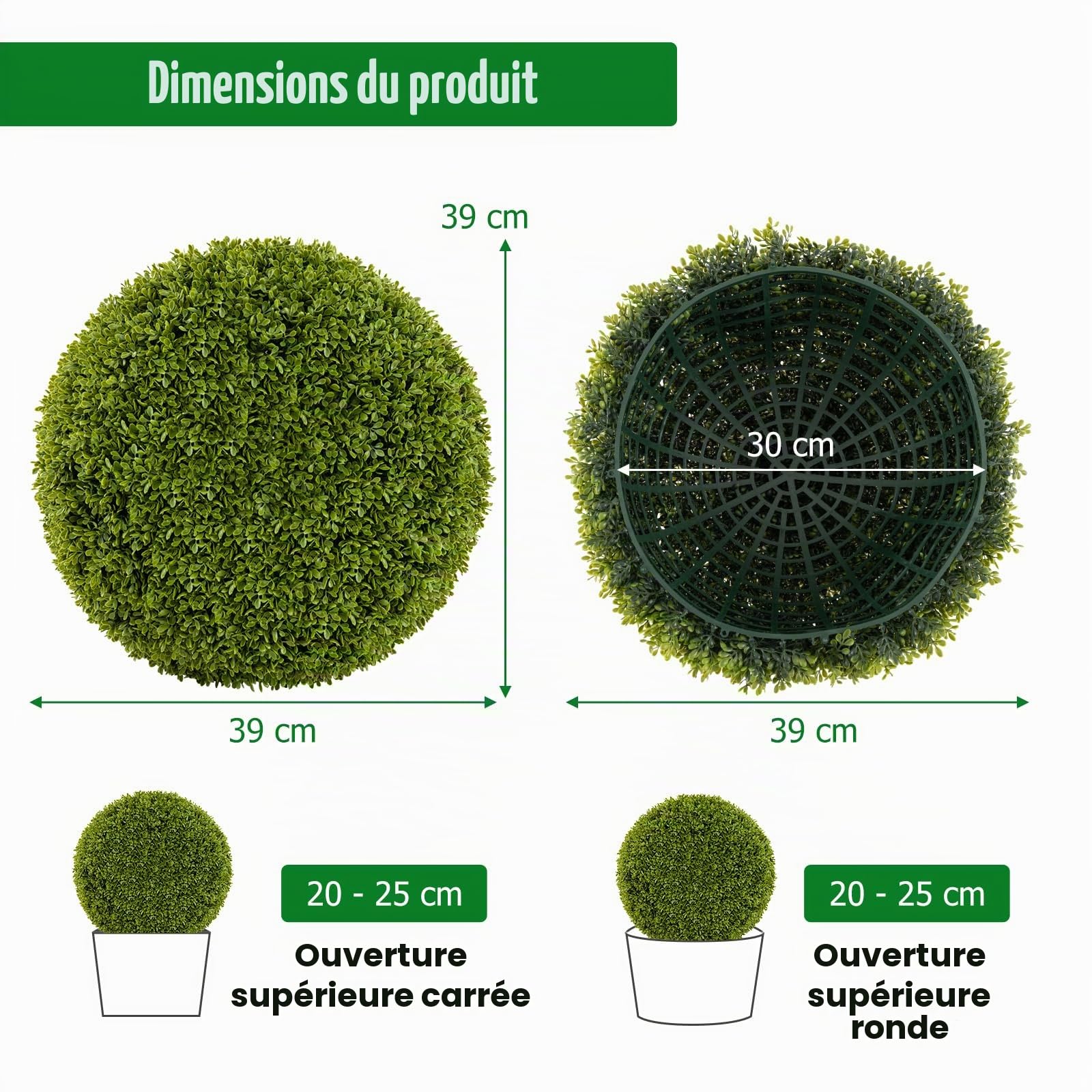 GIANTEX Lot de 2 Boules Décoratives de Plante Artificielle, Plantes Sphériques de 39/50 cm, avec Feuilles Simulées Résistantes au Soleil, Plantes Décoratives pour Balcon, Patio, Maison, Mariage (39 cm