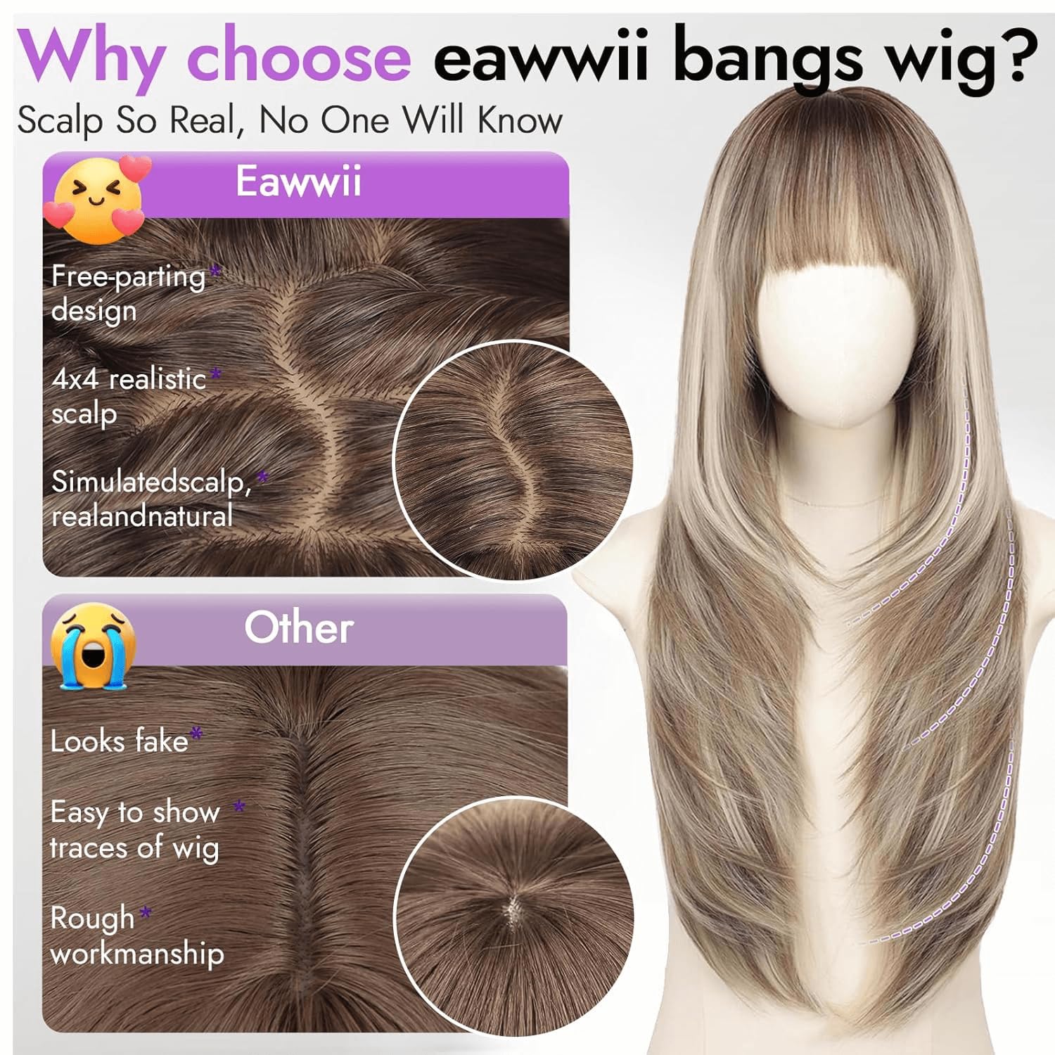 Long Ombre Ash Brown with Platinum Blonde Wig with Bangs for Women,4x4 Realistic Scalp,Free Parting,Layered Hairstyle Synthetic Heat Resistant for Daily Party Use 26 inch