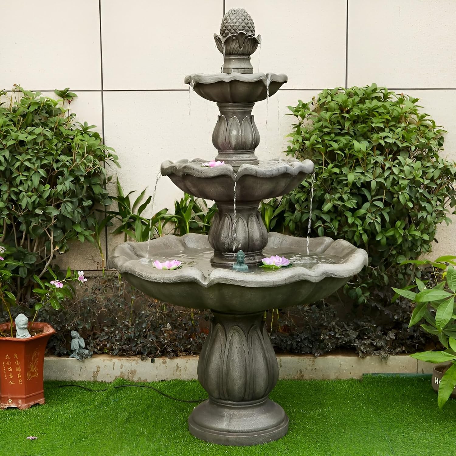 63 Inch Electric Fountain - Outdoor Crystal - 4 Tier Outdoor Fountain with Pineapple Top + Free Protective Cover & Natural Crystals (Style 1)(Style 1)