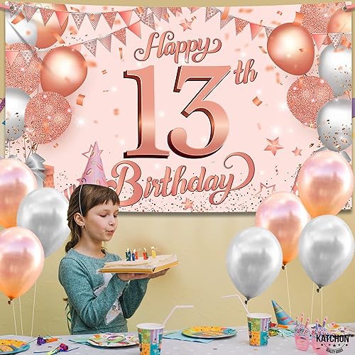 Miniatura 7 de Katchon, Xtralarge - Pancarta de feliz cumpleaños número 13, 72 x 44 pulgadas, pancarta de feliz cumpleaños de oro rosa, decoraciones de cumpleaños