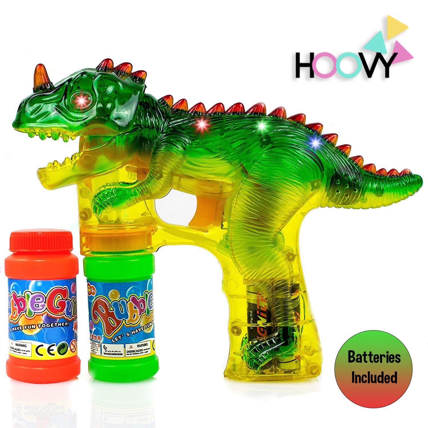 Hoovy Dinosaur Bubble Gun Blower Shooter Light Up LED Flashing Lights Plays Sounds | Bubble Dinosaur Toys for 2 3 4 5 6 7 Year Old Boy Girl | Bubble Blower for Kids (2 Pack)
