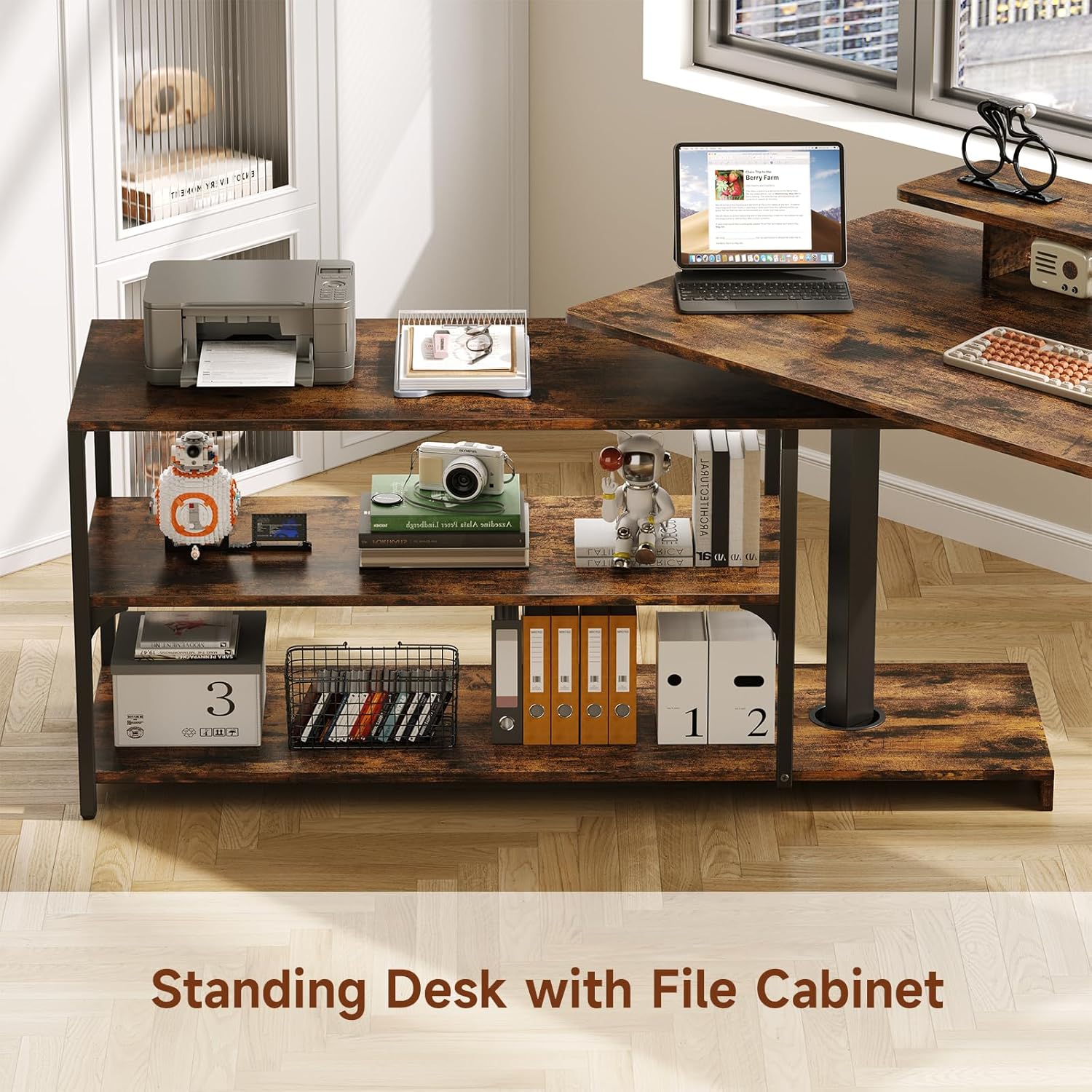Standing Desk with File Cabinet, 63x24'' L Shaped Electric Stand Up Desk with Adjustable Monitor Shelf, Adjustable Height 28-46'' for Home and Computer Workstation, Rustic Brown