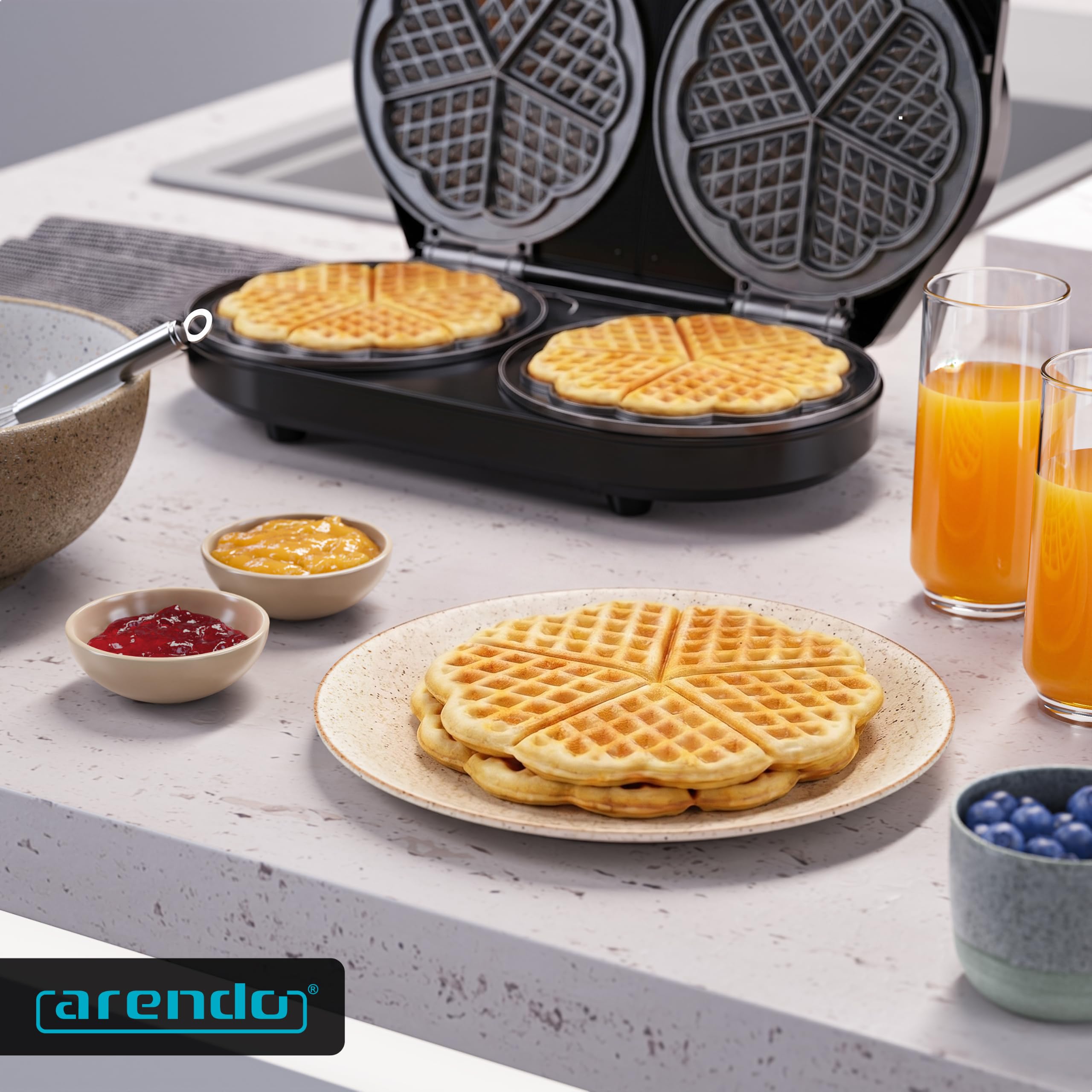 Arendo - Waffeleisen doppelt - Herzform - 2 Zonen - Temperaturregler - Antihaftbeschichtung – 1400 W - Edelstahl - silber/schwarz - BPA frei