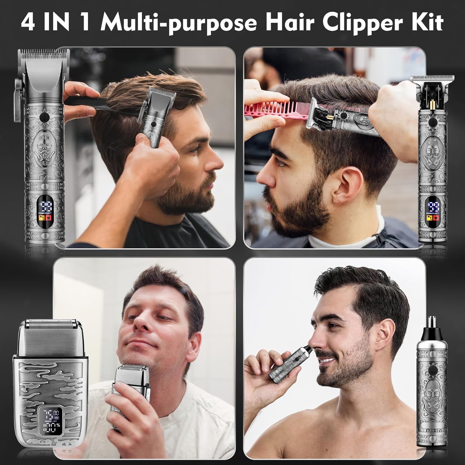 Professional Hair Clippers for Men,Hair Clippers+T-Blade Trimmer+Electric Shaver+Nose Hair Trimmer Set,4 in 1 Cordless Barber Hair Cutting Kit LCD Display Gifts (Gray) - Image 6