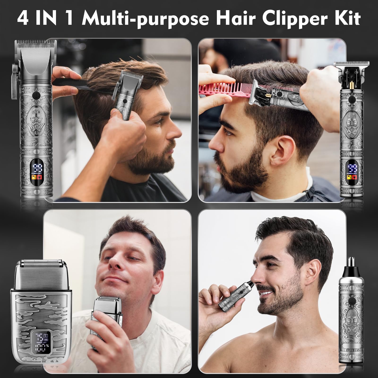 Dumite Professionelle Haarschneidemaschine für Herren, Haarschneidemaschine, T-Klingen-Trimmer, Elektrorasierer und Nasenhaarschneider-Set, 4-in-1, schnurloses Friseur-Haarschneide-Set, LCD-Display,