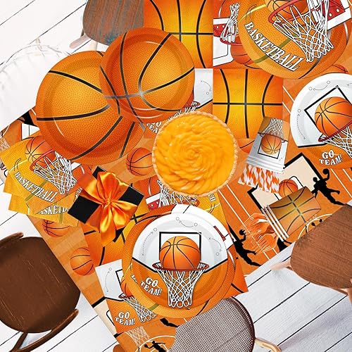 Miniatura 4 de Decoraciones de fiesta de baloncesto, 206 decoraciones de cumpleaños de baloncesto incluyen platos y servilletas, vasos, mantel, pancarta, remolinos