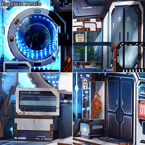 Miniatura 6 de TuKIIE Kit de bricolaje en miniatura para rincón de libro, inspirado en el espacio, estantería de casa de muñecas con luz LED ajustable de brillo y