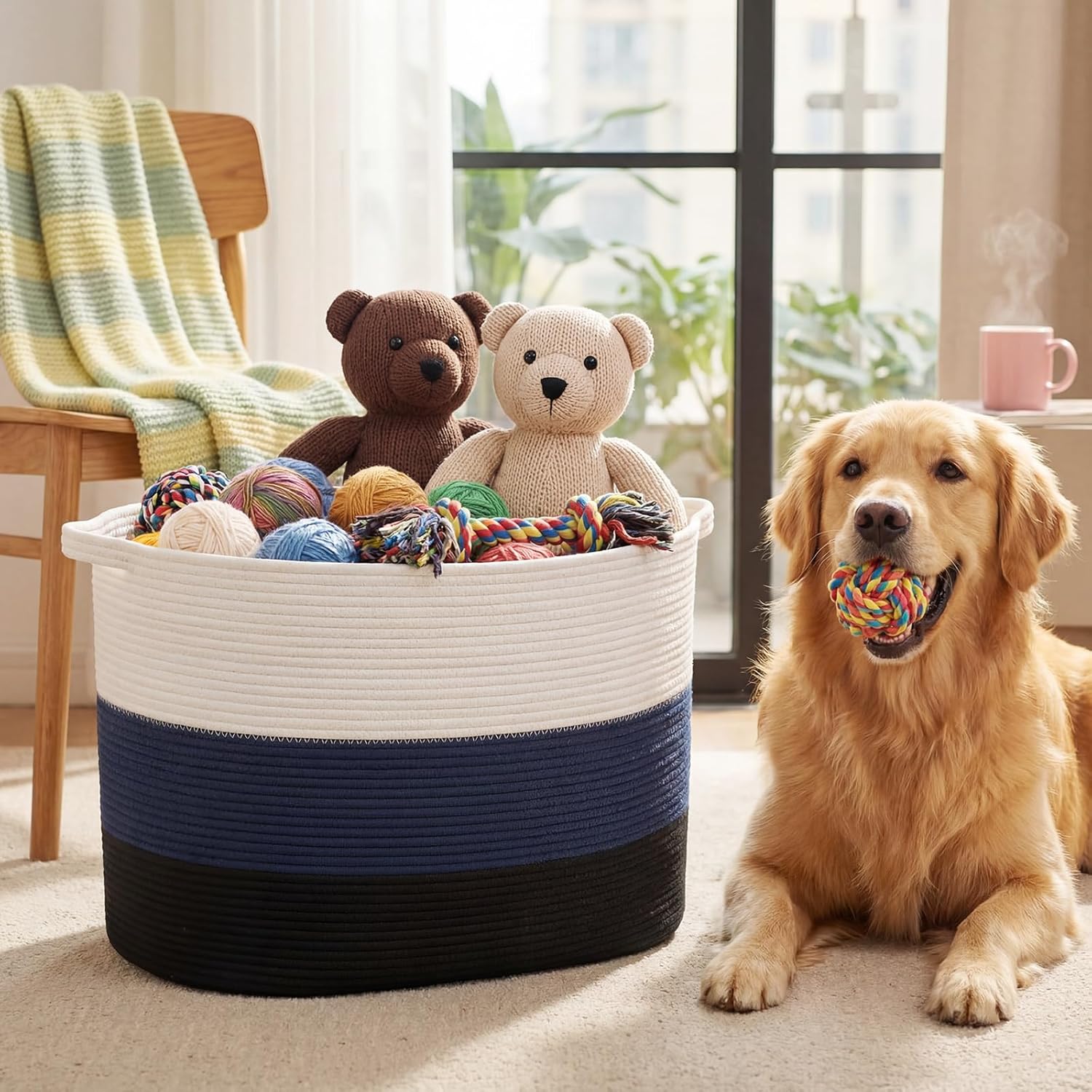 125l Jumbo Blanket Basket for Living Room, 25"x18"x17" XXXXL Cotton Rope Storage Basket with Handles, Extra Large Woven Laundry Hamper for Living Room, Nursery(White, Dark Blue,Black)
