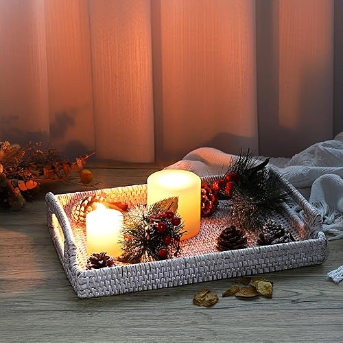 Miniatura 25 de Hipiwe Bandeja de ratán para servir con asas, bandeja decorativa tejida a mano para almacenamiento de desayunos, bebidas, aperitivos, bandeja