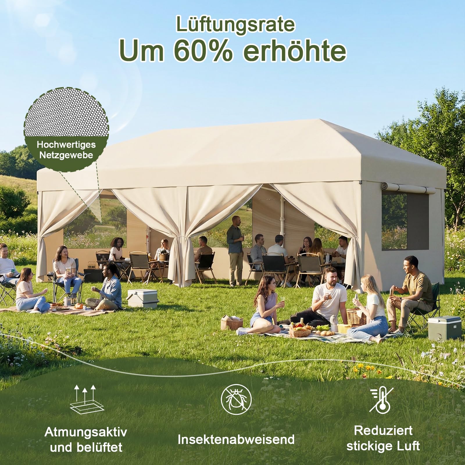 JUMMICO Pop Up Faltpavillon, 3 x 6 m Pavillon mit Netzfenstern zur Belüftung, UV-Schutz 50+, mit 4 Seitenwänden, wasserdicht stabil Winterfest，Faltbar Partyzelt Gartenzelt Gartenpavillon, Beige