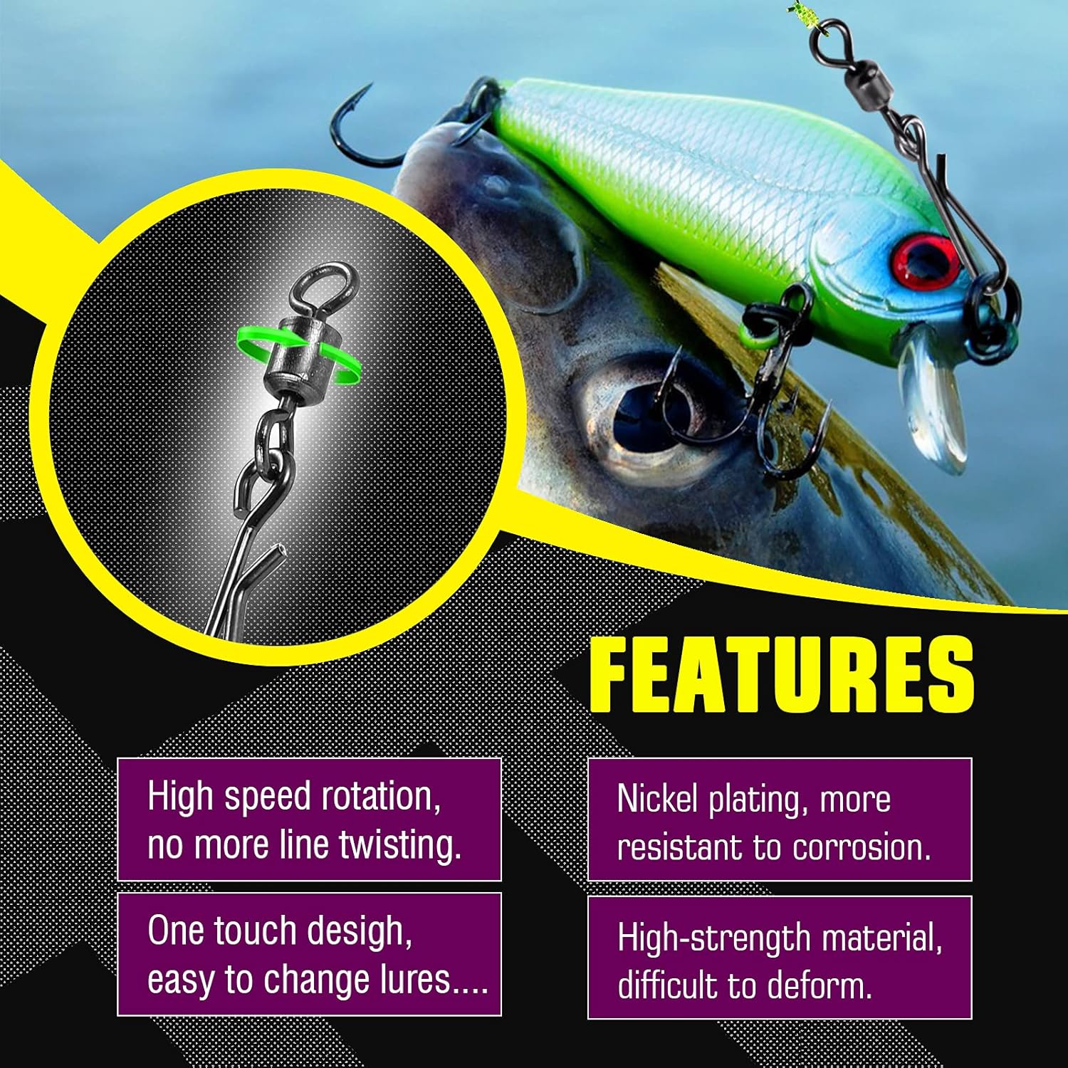 AMYSPORTS Rolling Connector Fishing Swivel Saltwater Corrosion Resistance Snap Swivels Kit Stainless Quick Fishing Snap Barrel Freshwater Trolling Accessories