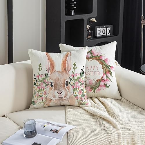 Miniatura 5 de TAJWE Fundas de almohada florales de Pascua de 20 x 20 pulgadas, juego de 2 fundas de cojín de flores de primavera, conejo, decoración de conejo