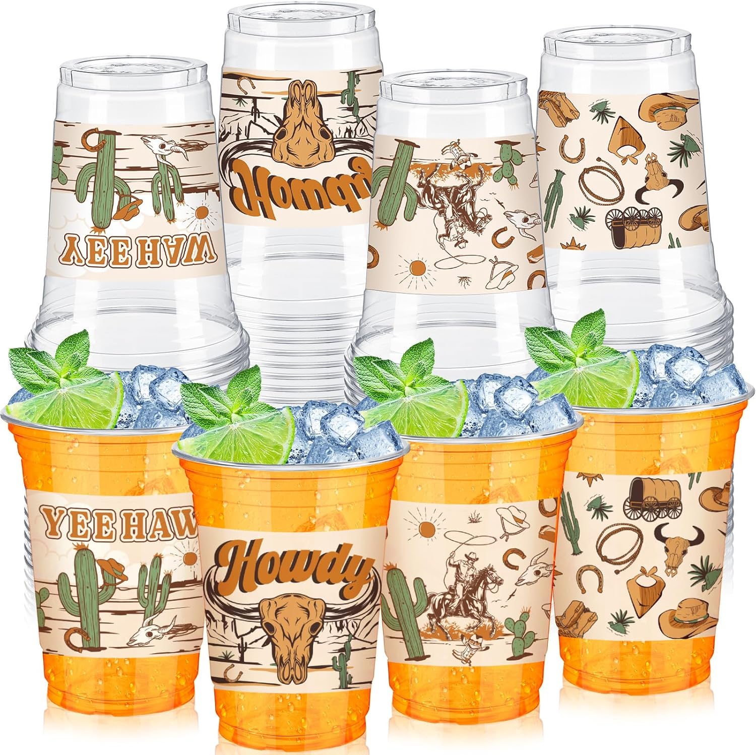SiliFine 100 Pcs Fiesta Plastic Cups 12 oz Disposable Mexican Papel Picado Clear Plastic Drinking Cups for Cinco de Mayo Day of the Dead Party Favors Decorations Supplies
