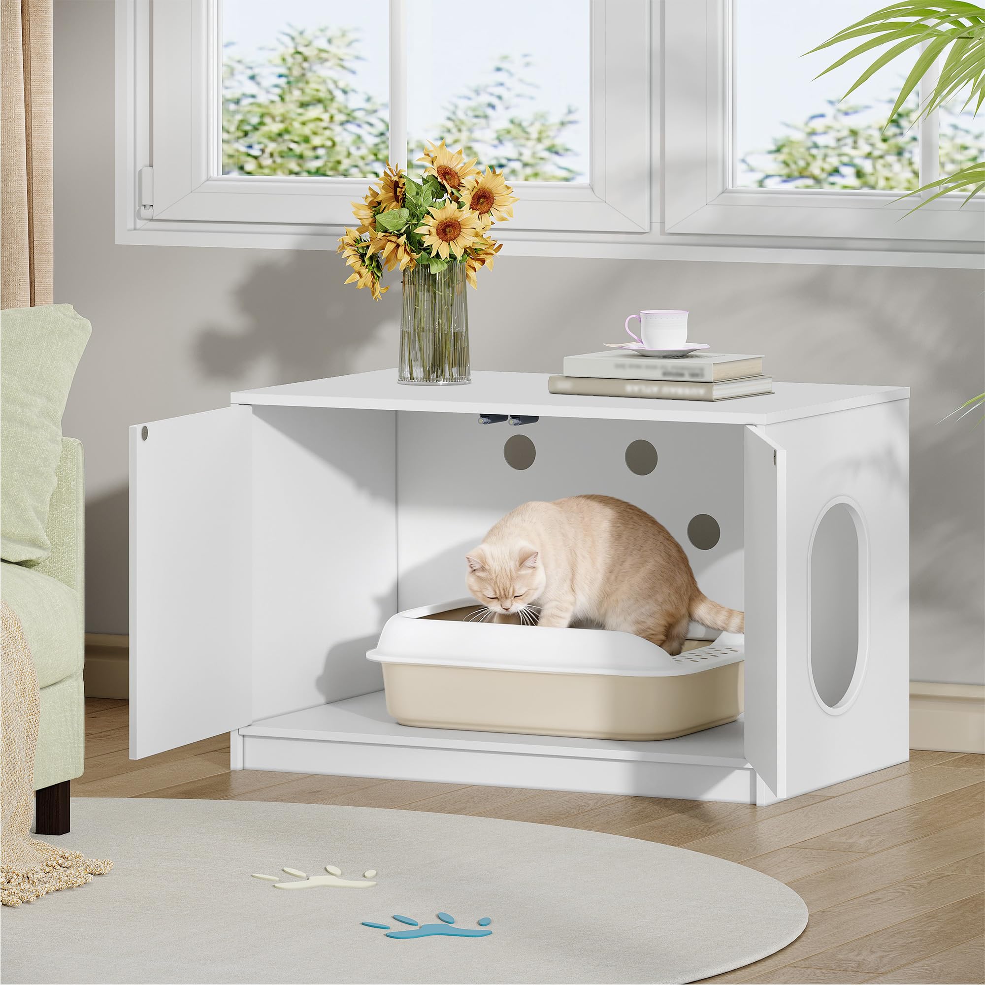 Mueble Arenero Gatos Oculta, 80 x 50 x 51,5 cm, Blanco | Armario para Gato con Puertas que se Abren con un Empujón y Orificios de Ventilación, Casa para Gatos, Minimalista FPCB201PW1
