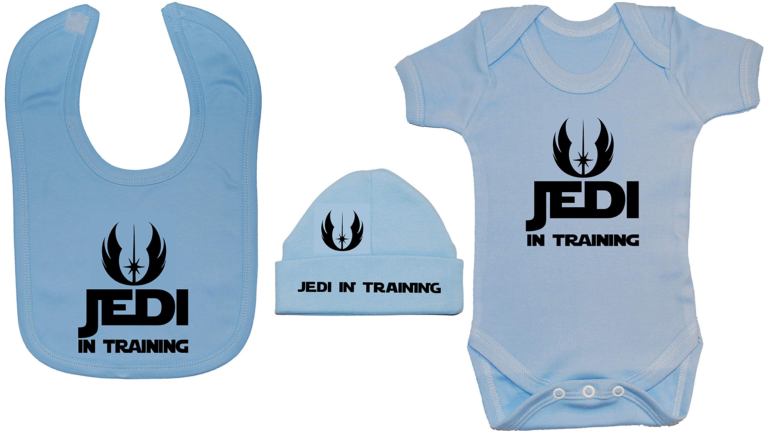Acce Products Jedi in Training Baby Bodysuit/Romper, Feeding Bib & Beanie Hat/Cap - 3-6 Months - Blue