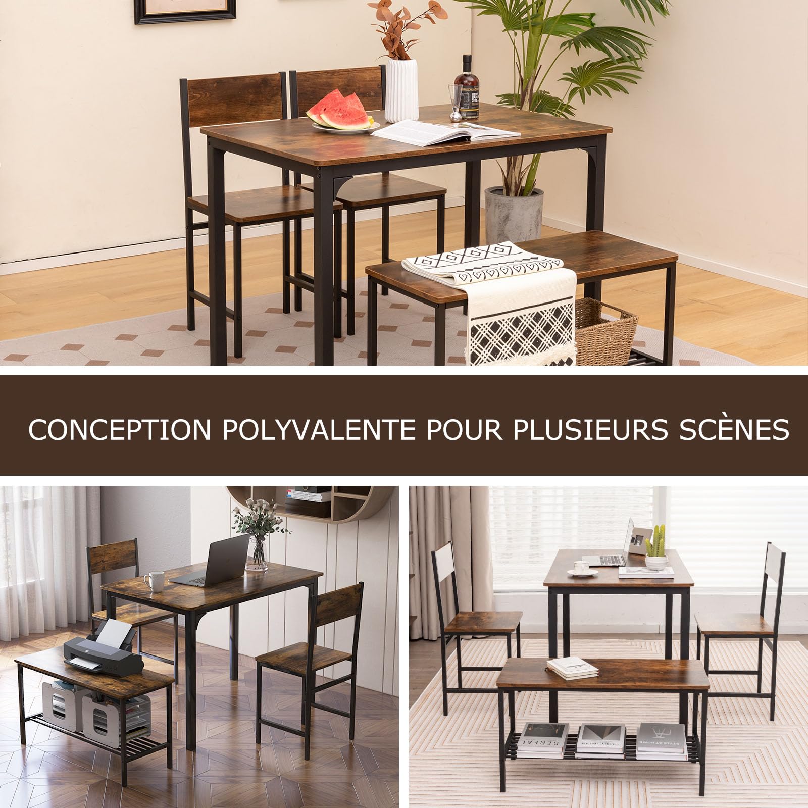 COSTWAY Ensemble Table et Chaise Salle a Manger pour 4 Personnes, 2 Chaises, Banc avec Étagère, Design Compacte Encastrable, Salle a Manger Complete pour Petite Espace, Cuisine, Salon(Marron)