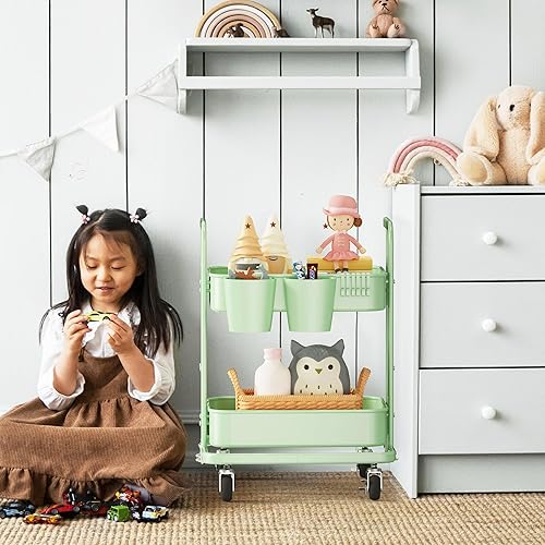 Miniatura 2 de Merapi Carrito plegable de 2 niveles, carrito utilitario de metal con ruedas, 3 tazas colgantes y 6 ganchos, carrito plegable para sala de estar,