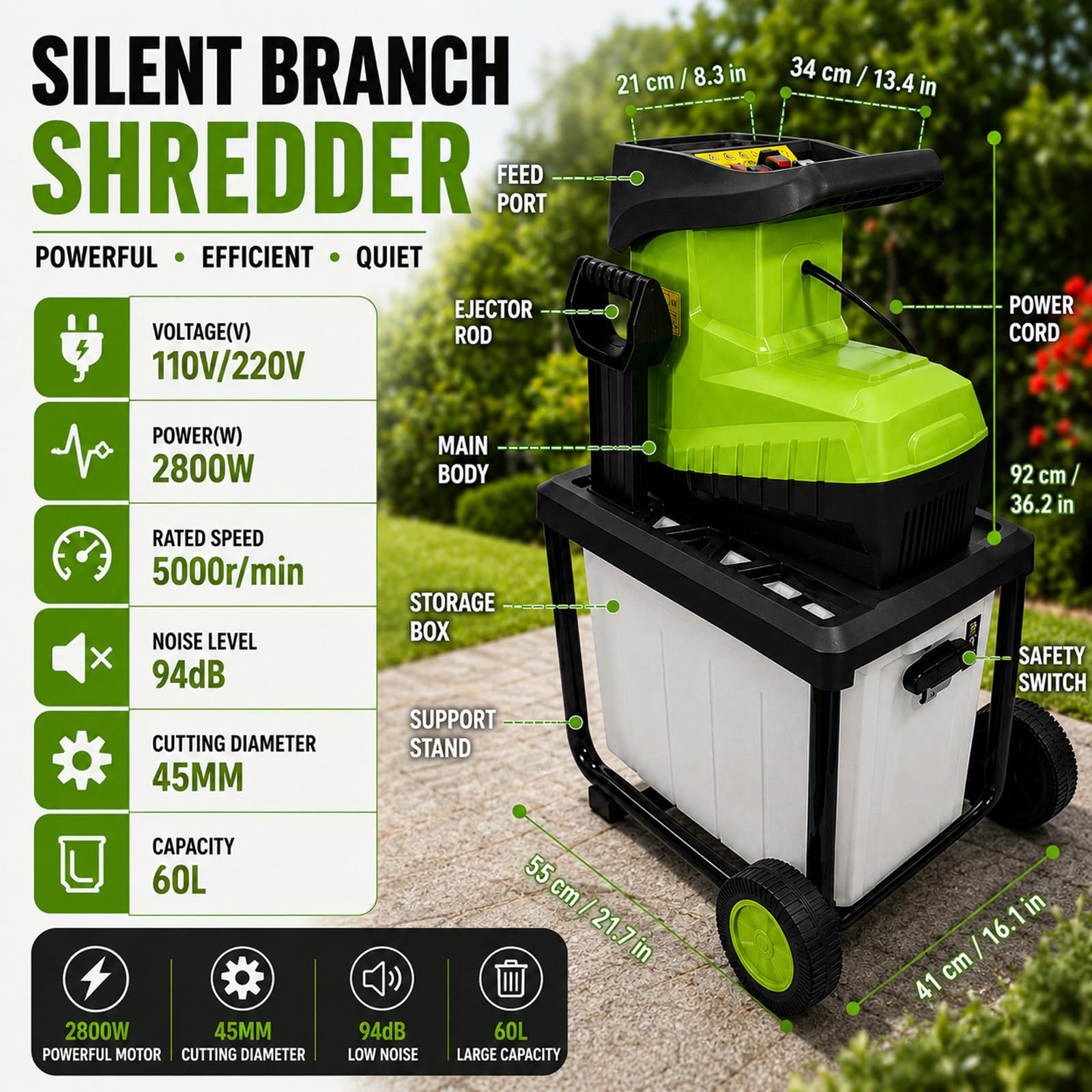 MIAOXIAOLONG Broyeur Déchiqueteuse Électrique, 2800W avec Capacité De Coupe 45mm, Bac De Collecte 60L, Système De Protection De Sécurité Et Roues Portables, pour L'entretien des Pelouses