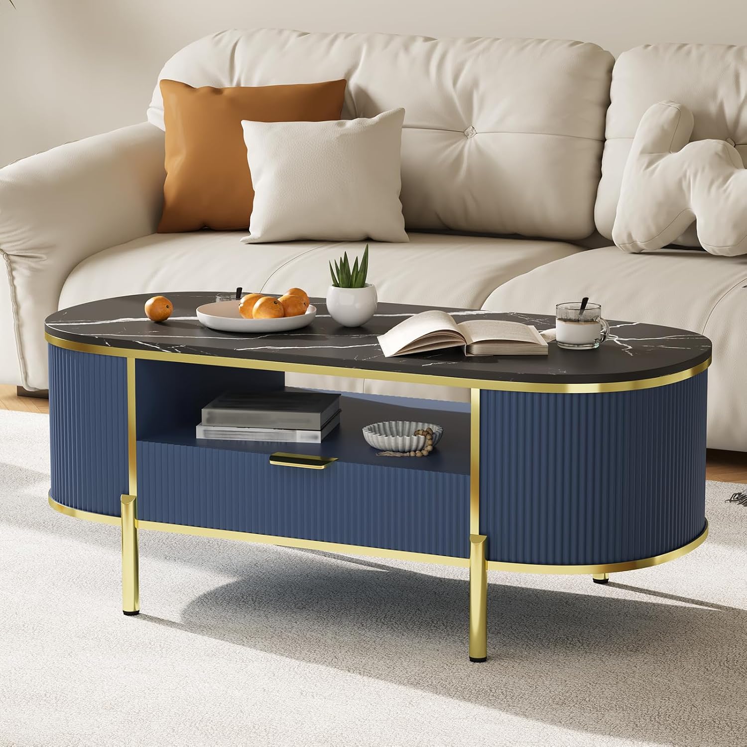48 in Oval Coffee Table, Modern Luxury Coffee Table with Curved Profile Design, Fluted Center Table with Faux Marble Top and Gold Metal Decor, Center Table for Living Room, Home Office- Navy Blue
