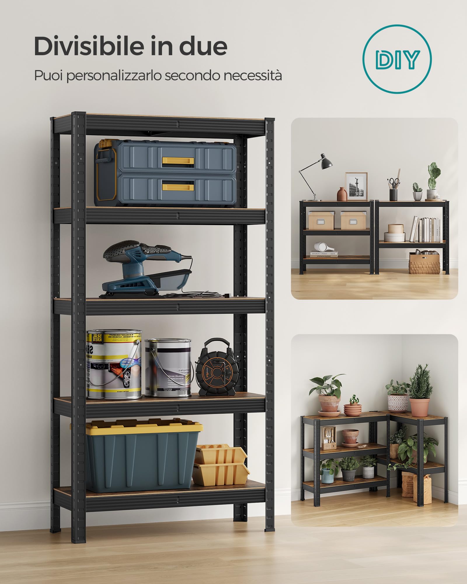 SONGMICS Scaffalatura, 30 x 75 x 150 cm,Capacitàdi Carico di 650 kg (130 kg per Ogni Ripiano), Scaffale Industriale, Ripiani Regolabili, per Soggiorno, Cucina, Marrone Vintage e Nero GLR030B01