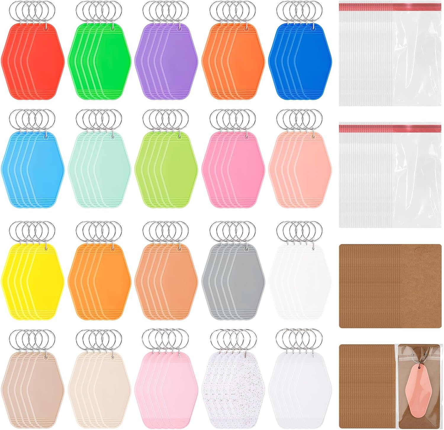 300 PCS Hotel Keychain Blank with Key Rings Set,20 Colors Rainbow Plastic Rhombus Vintage Motel Keychains Blank with Cards and Bags for DIY Sublimation Luggage Tag Label Craft Gifts Decorations