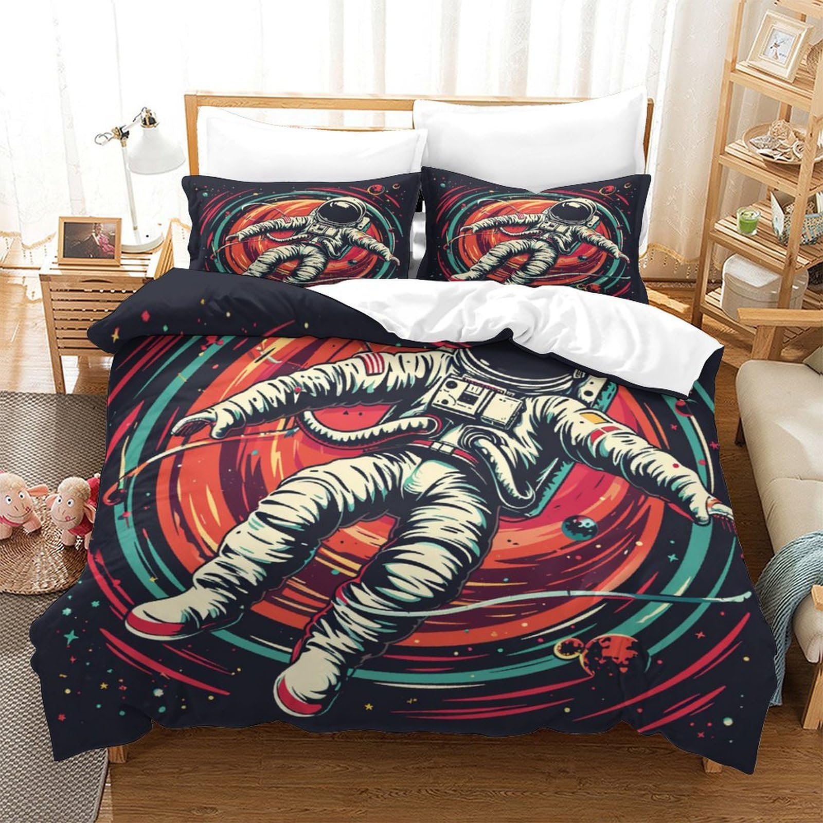 P1S9U7W5Y Astronaut Galaxy 3D Printed Duvet Cover Set 3 Pieces Microfiber Bedding for Adults Teens Bedroom Decor Space Theme Bedding Set Double（200x200cm）