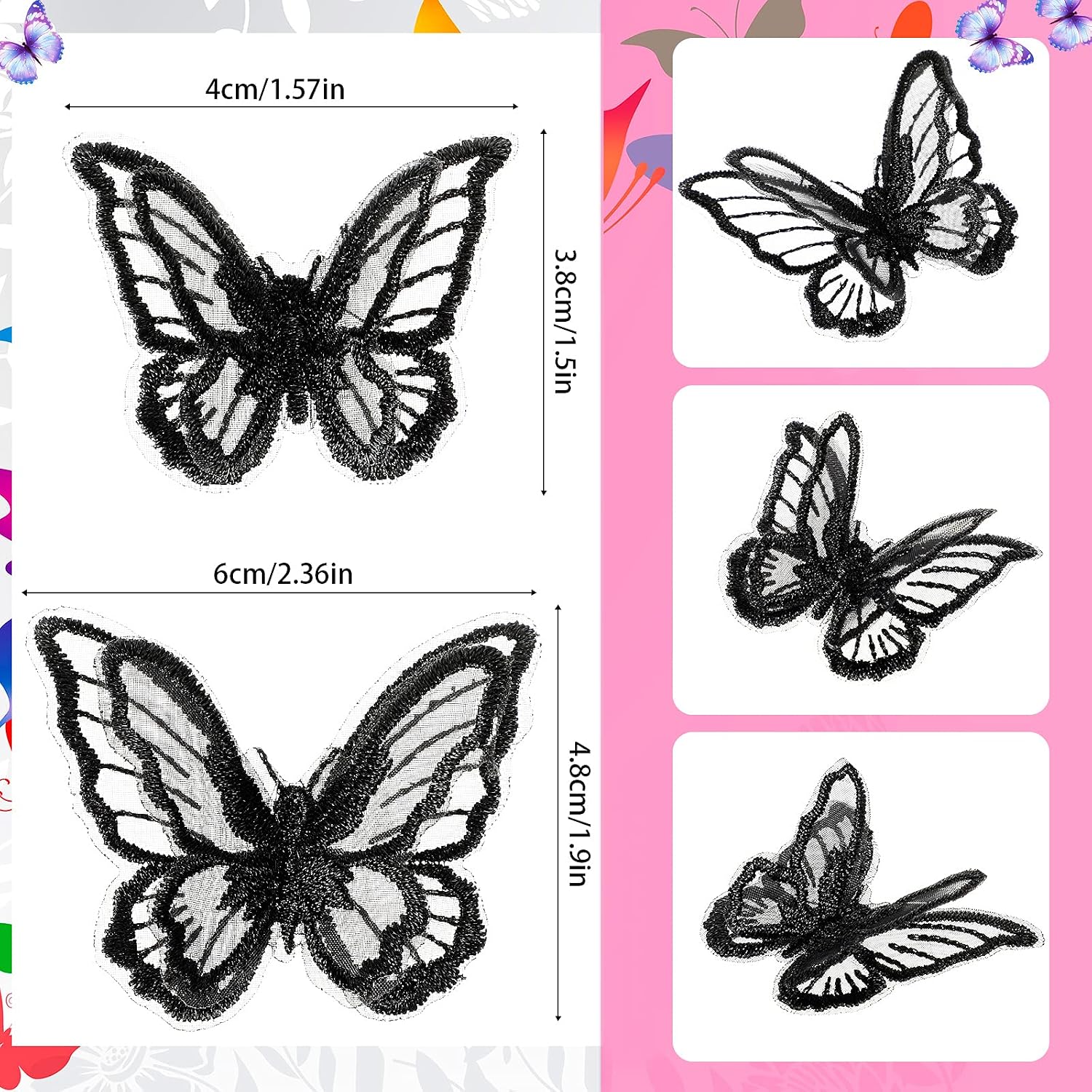 20 Pieces 2 Sizes Butterfly Patches Butterfly Lace Applique Embroidery Double Layers Organza Patches Applique for Wedding Bridal Dress Sewing Craft DIY Clothes Hair(Black) - Image 3