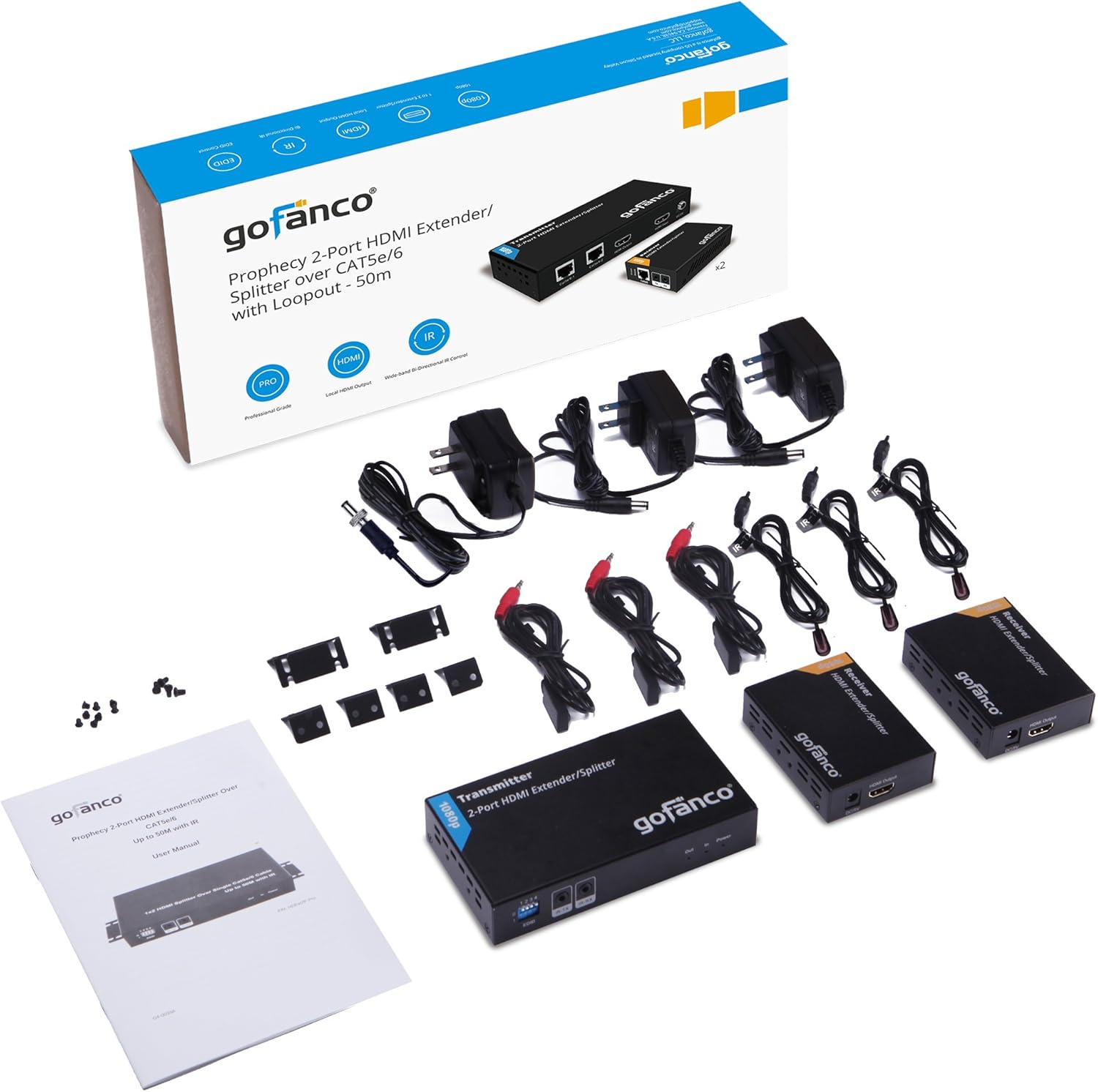 gofanco 1080p 1x2 HDMI Extender Splitter Over CAT5e/6/7 Ethernet Cable - 1080p, Up to 50m/165ft, HDMI Loopout, EDID Management, Bi-Directional IR Control, 1 in 2 Out (HDExt2P-Pro)