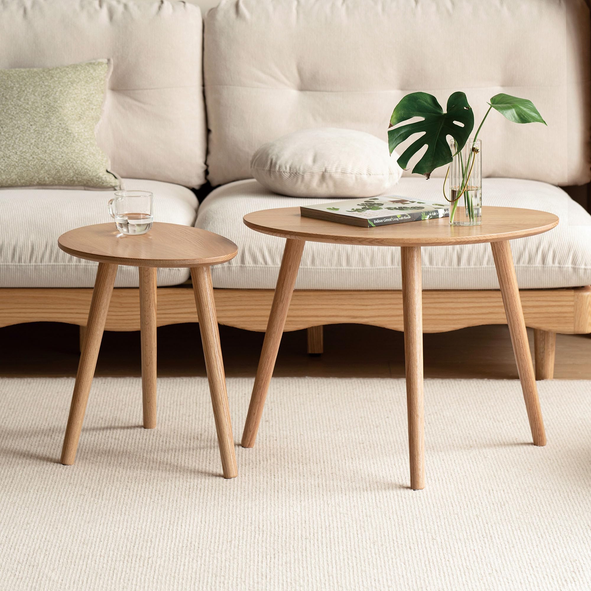 YESWOOD Lot de 2 Tables Gigognes Ovales Chêne Massif, Chêne Naturel | Design Galets, Table Basse, Table d'Appoint, Pour Salon, Balcon