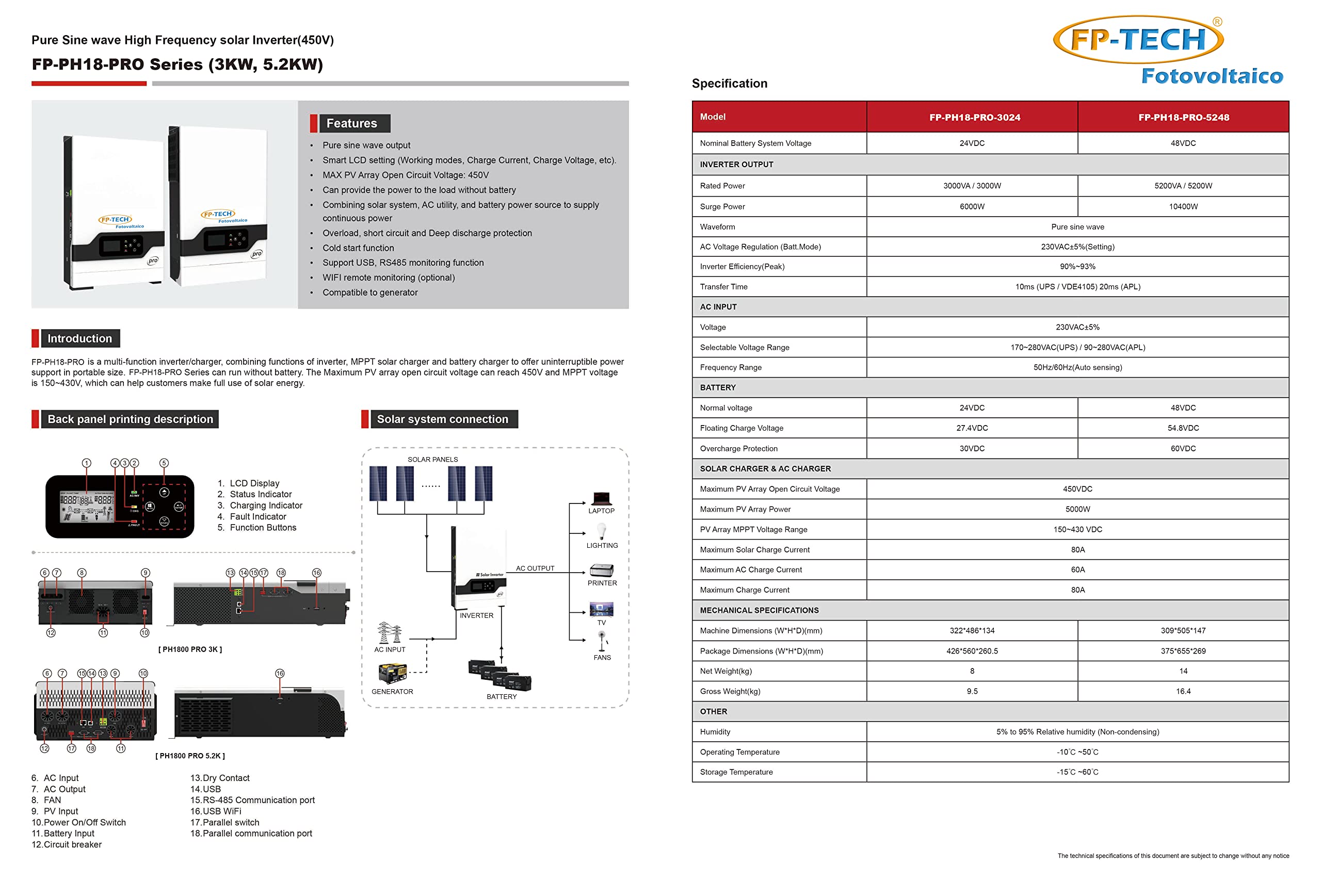 FP-TECH - INVERTER DI RETE IBRIDO MONOFASE SOLARE FOTOVOLTAICO CONNESSO 220V WIFI 3KW 24V - 5KW W 48V ONGRID (3000 W - 3Kw - Ibrido)