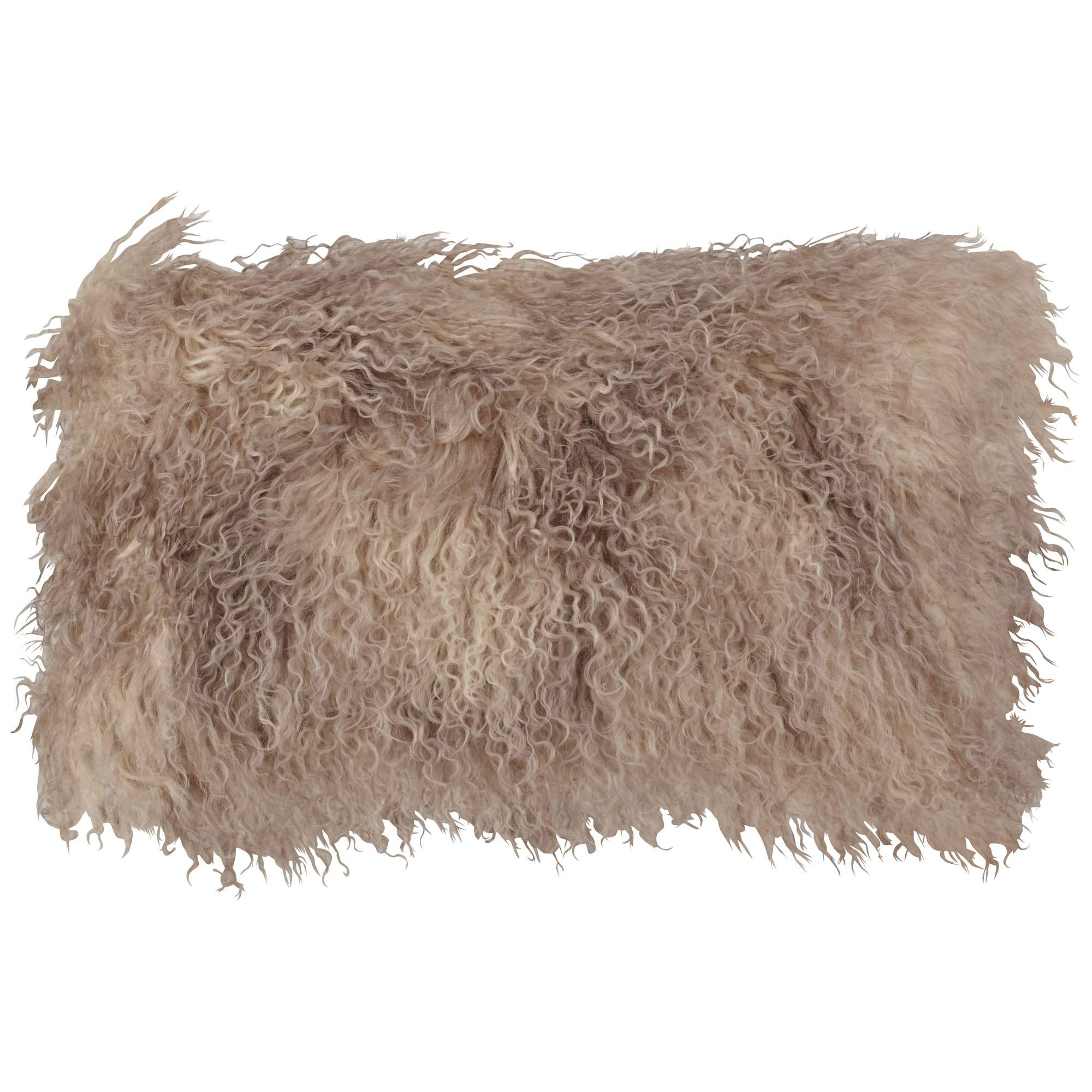 SARO LIFESTYLE3564.OY1220B Lifestyle 100% Wool Mongolian Lamb Fur Throw Pillow with Poly Filling, 12" x 20", Oyster