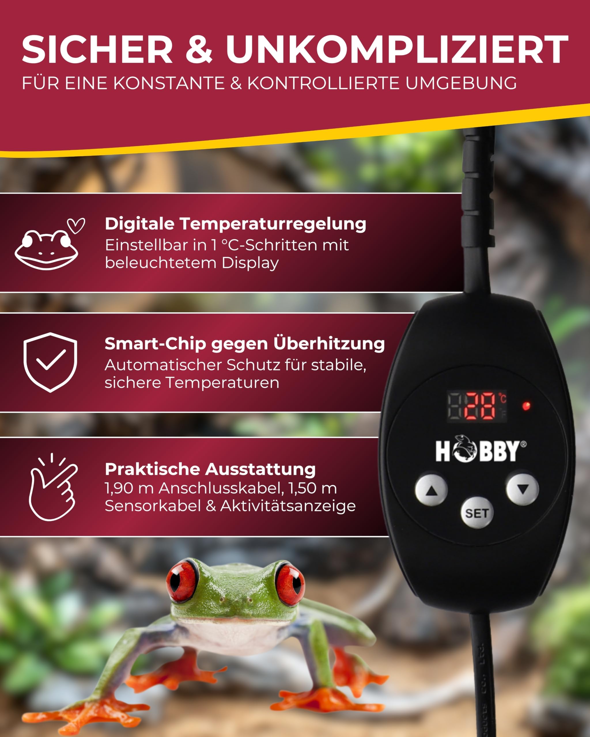HOBBY Terraristik Thermica Control 11 W I Heizmatte mit Temperaturregler & Sensor I Einstellbar 20-50 °C I Zubehör für Terrarien & Gewächshäuser