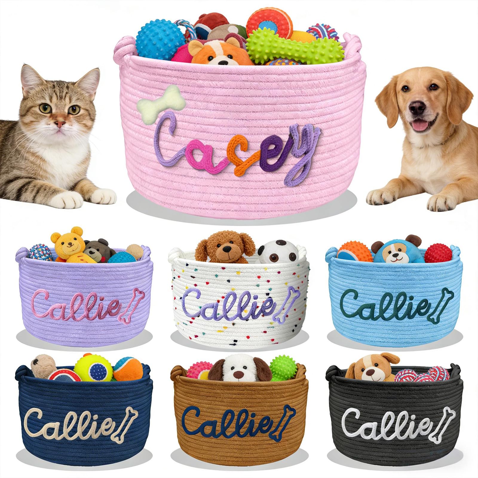 WBgjsnklbnl Personalised Dog Toy Basket Custom Cat Cotton Blend Pet Storage Bin with Embroidery Name Handwoven Pet Organizer for Puppy Kitten Ideal Pet Birthday Easter Gift