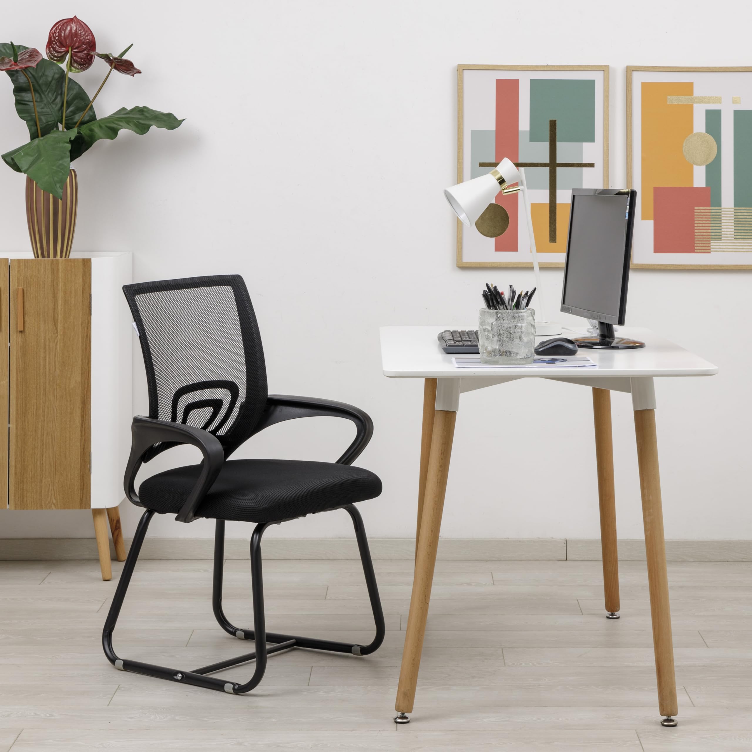 Baroni Home Sedia da Ufficio con Braccioli con Schienale Ergonomico in Tela Traspirante, Poltroncina a Sbalzo per Sale d'Attesa e Conferenze, Carico 130 kg, Nera con Gambe Nere, 46x50x88 cm