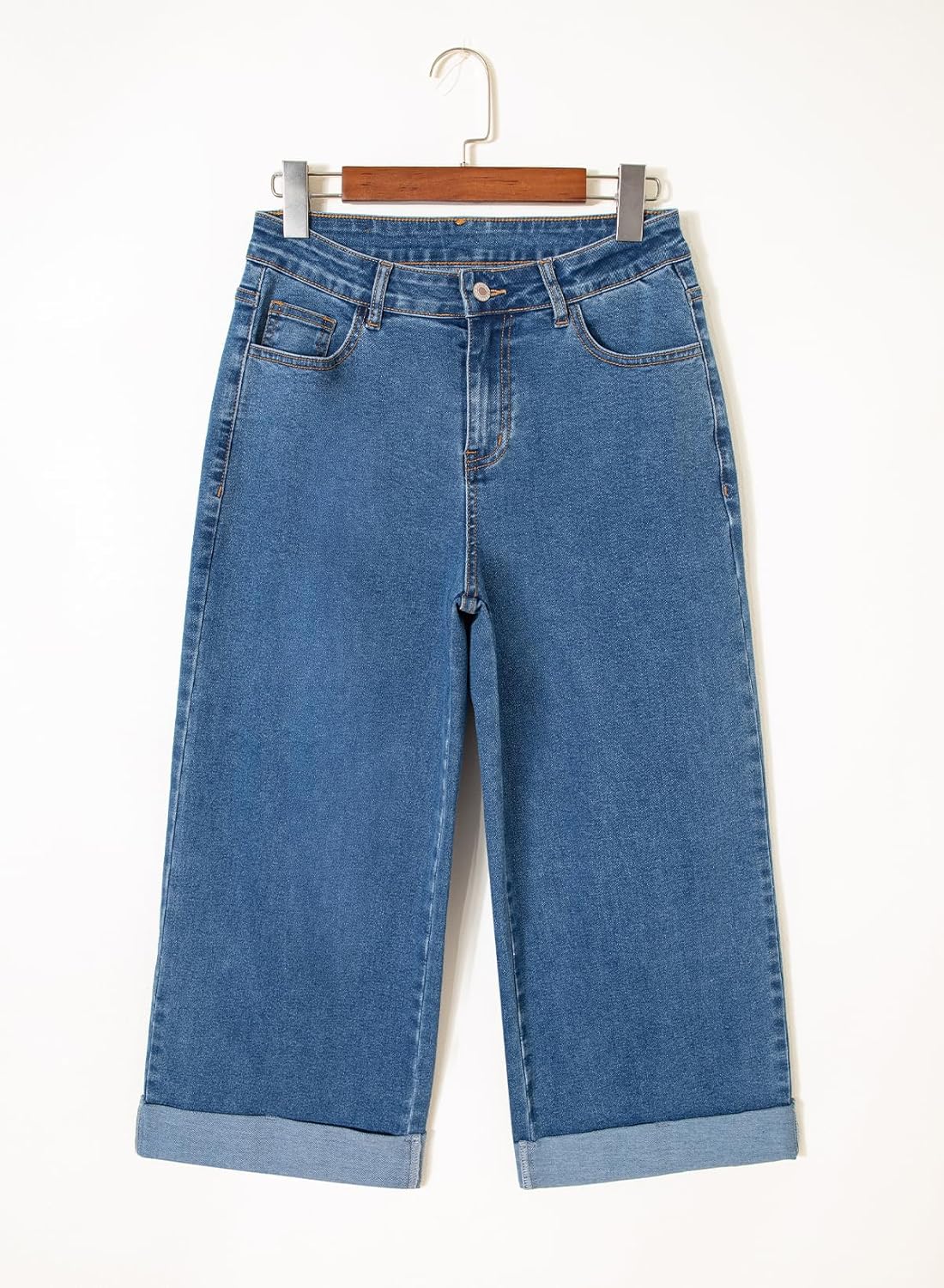 Sidefeel Women's Wide Leg Jeans High Waisted Stretchy Cropped Ankle Capri Rolled Hem Denim Pants - Image 6