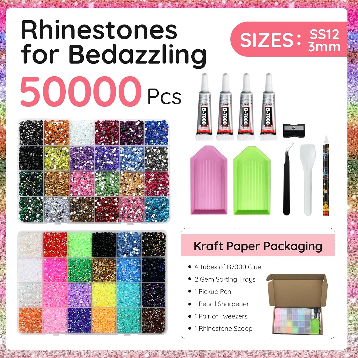 Genuine 52000Pcs Resin Rhinestones for Bedazzling Kit, 48 Color 3mm Flatback Gems for Crafting Diamond Art with 4Pcs 10ml Jewelry Glue & Tools for Nail Book Painting Accessories
