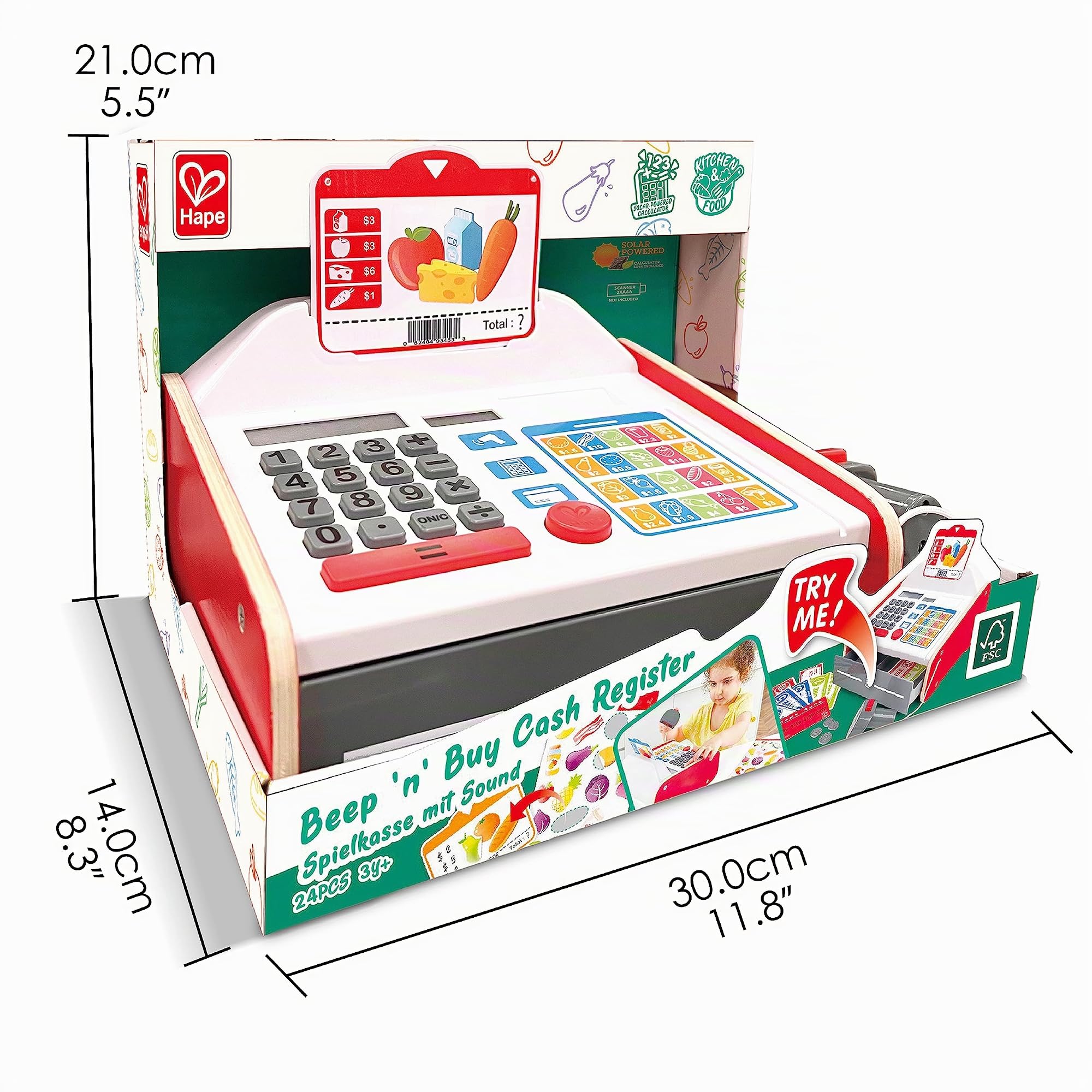 Hape Jeu Caisse Enregistreuse Enfants - Enfants 3 Ans et Plus - Inclus Trois d’écran, Une Feuille d’Autocollants, Une Carte bancaire, Pièces - Jeu d'Imitation Courses - Motricité Fine, Langage