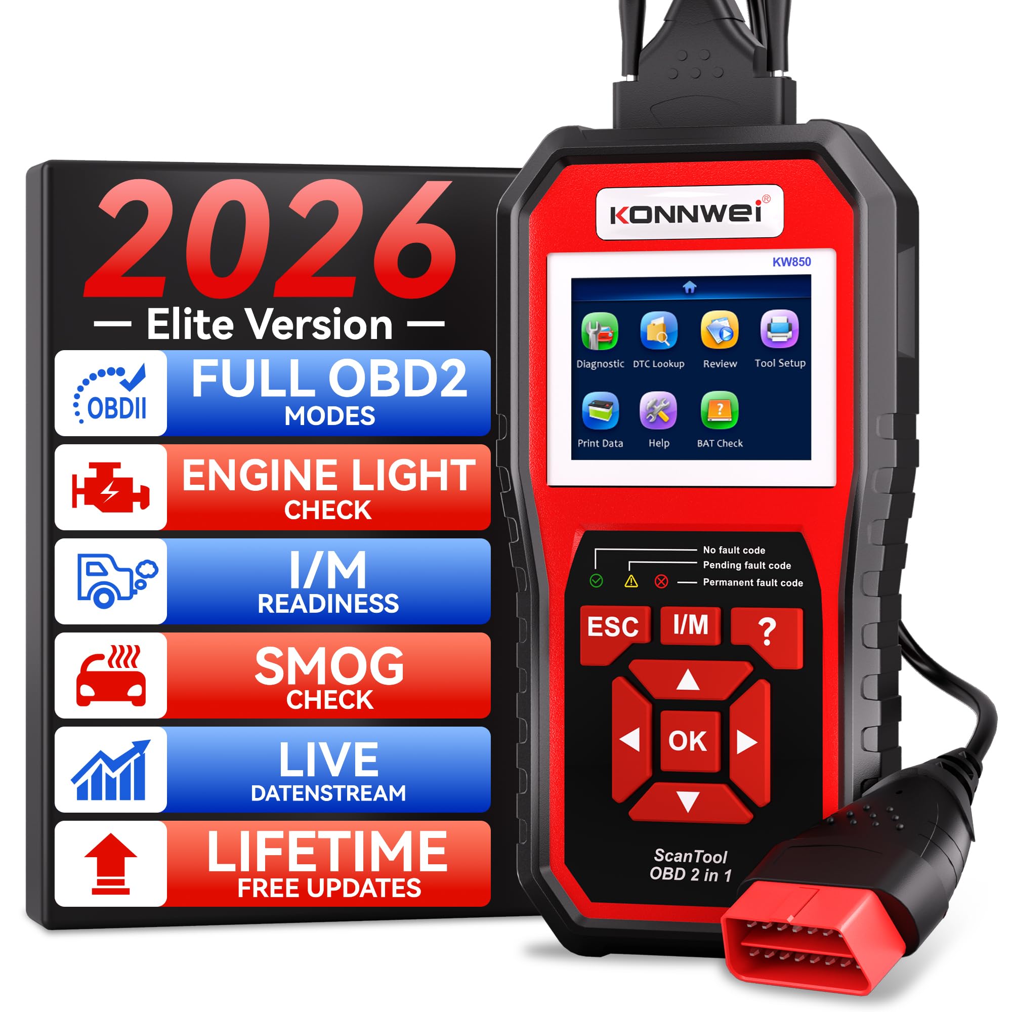 KONNWEI KW850 OBD2 urządzenie diagnostyczne z testem baterii urządzenie diagnostyczne do samochodu | Czytnik samochodowy z wyświetlaczem 2,8", przycisk czuwania One Touch I/M, kompatybilny z pojazdami OBDII od 2002,9 języków